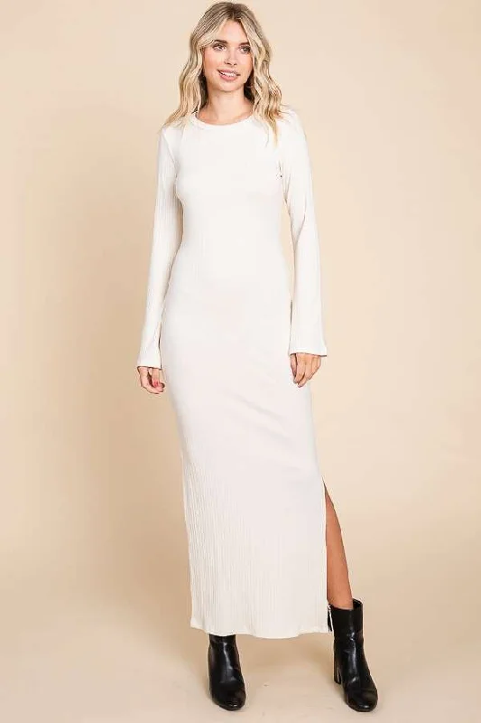 Classic pieces for a timeless wardrobe   Cream Ribbed Side Slit Maxi Dress