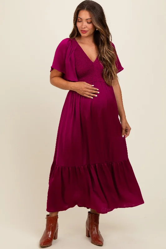 Sporty-chic women’s apparel for active lifestyles Deep Red Satin Smocked Maternity Midi Dress Sporty-chic women’s apparel for active lifestyles Deep Red Satin Smocked Maternity Midi Dress