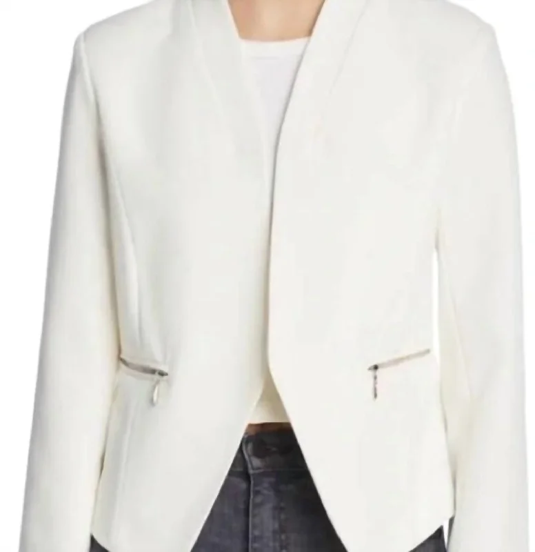 Modern fashion pieces designed for all women   Zipper Pockets Collarless Open Front Blazer In White