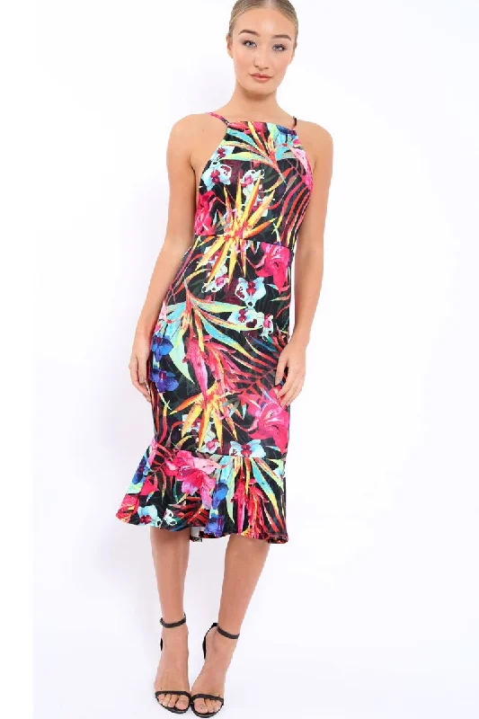 Affordable stylish women’s fashion collection Black Floral Midi Dress with Frill Detail - Kyrstin Affordable stylish women’s fashion collection Black Floral Midi Dress with Frill Detail - Kyrstin