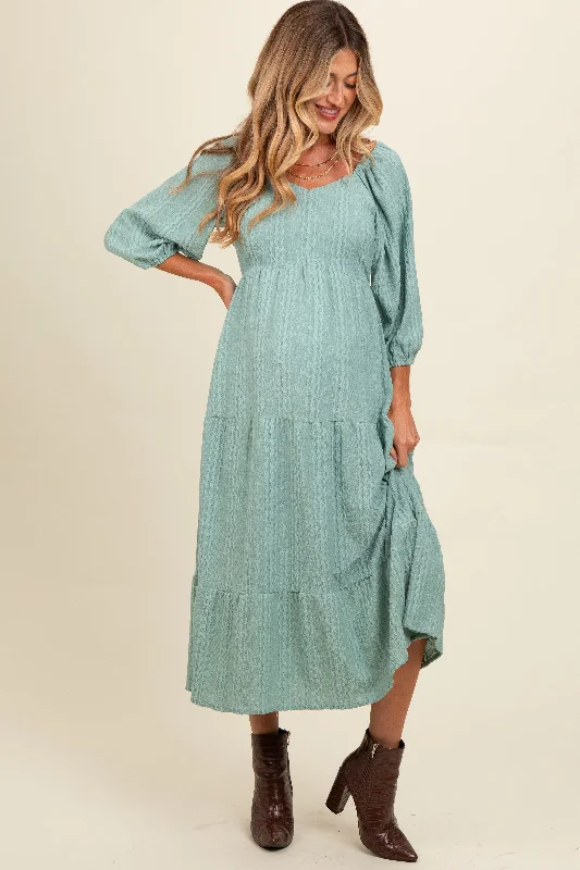 Fashionable, yet affordable women’s apparel   Light Olive Embroidered Tiered Maternity Midi Dress