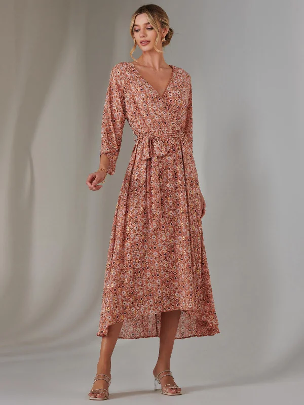 Women’s clothing that combines comfort and style   Gold Spot Printed Chiffon Maxi Dress, Orange Multi
