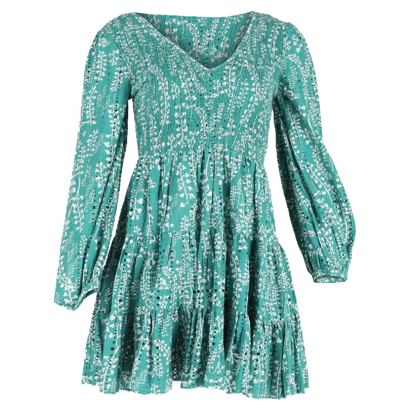 Cozy women’s clothing for the colder months   Rixo Sasha Shirred Floral-Print Broderie Anglaise Mini Dress In Green Cotton