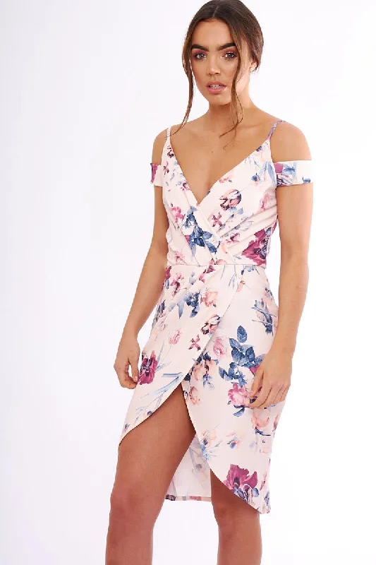 Timeless women’s fashion for any occasion   Blush Floral Cold Shoulder Wrap Midi Dress - Karoline