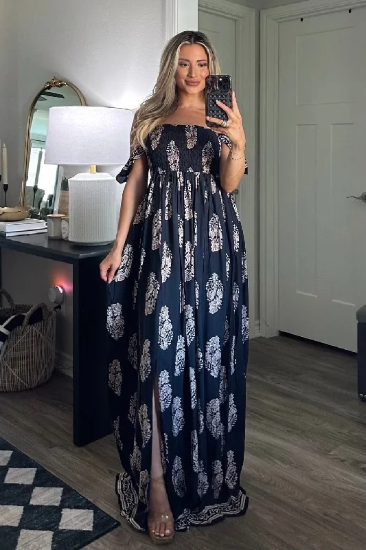 Women’s clothing that combines comfort and style   Sand in Your Toes Smocked Maxi Dress: Navy Multi