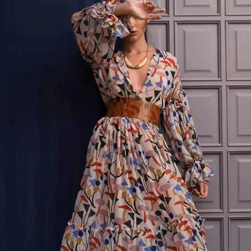 Elevate your style with fashionable women’s clothing   KittenAlarm - Christiana Allover Print Flounce Sleeves Maxi Dress