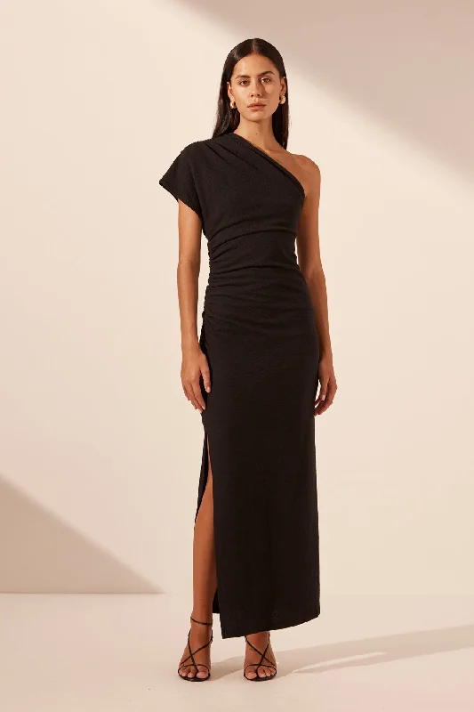 Sporty-chic women’s apparel for active lifestyles   BEAU ASYMMETRICAL MIDI DRESS - BLACK