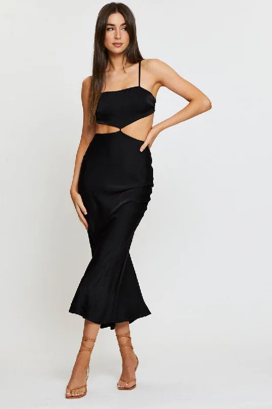 Fashionable women’s clothing that makes you shine   Black Midi Dress Satin