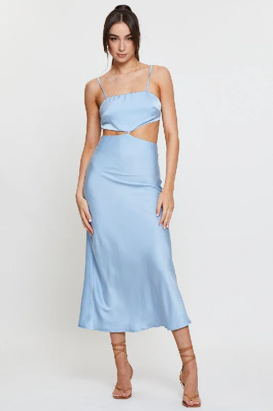 Bold, confident, and stylish women’s clothing   Blue Midi Dress Satin