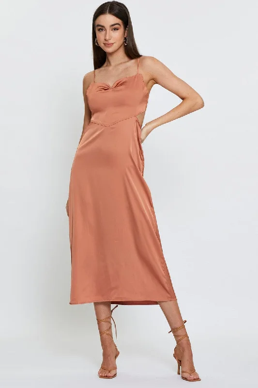 Fashionable clothing that fits every occasion   Brown Midi Dress Cowl Neck Satin