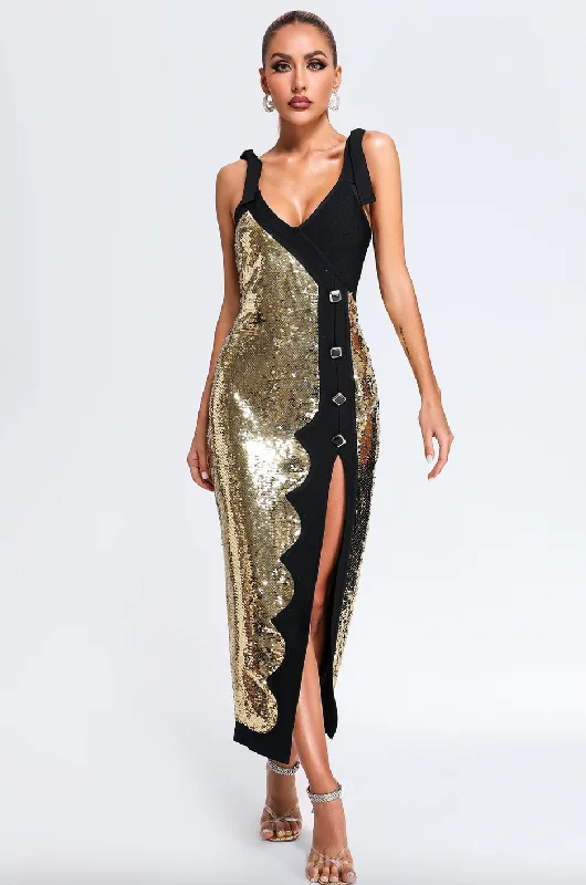 "Dolo" Gold Sequin High Slit Black Midi Bandage Dress