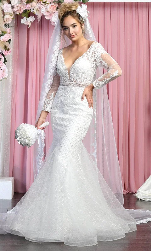 May Queen RQ7896 - Long Sleeves Sheer V-neck Wedding Gown