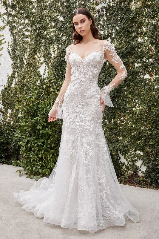 Cinderella Divine A1073W Sheer Sleeves Long Wedding Dress