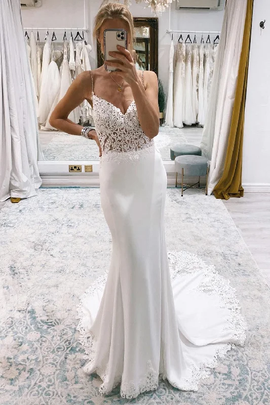 White Mermaid Sweep Train Boho Long Mermaid Wedding Dress with Lace