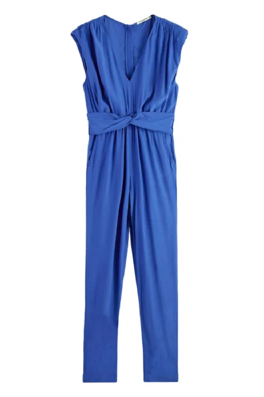 Belted V Neck Jumpsuit In Bright Blue