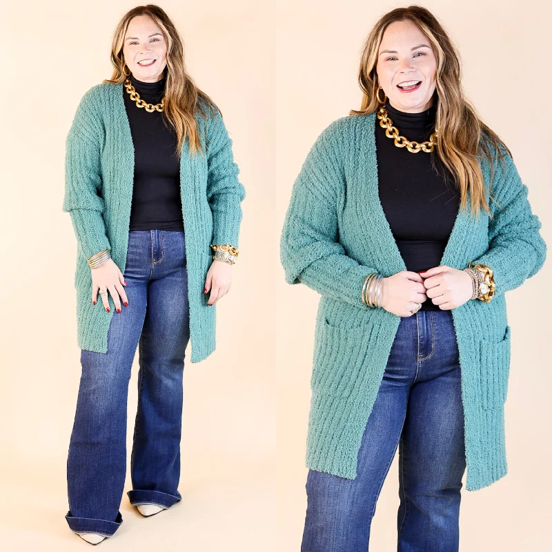 Cold Brew And Cuddles Long Sleeve Cardigan with Pockets in Teal