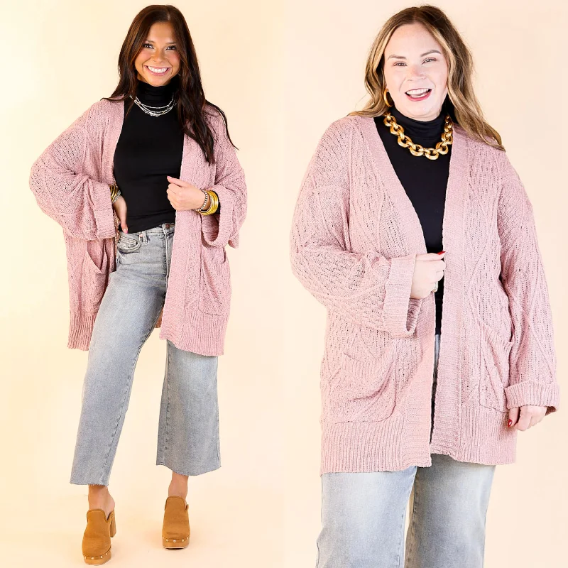 Fashionable Comfort Knit Cardigan with Pockets in Mauve