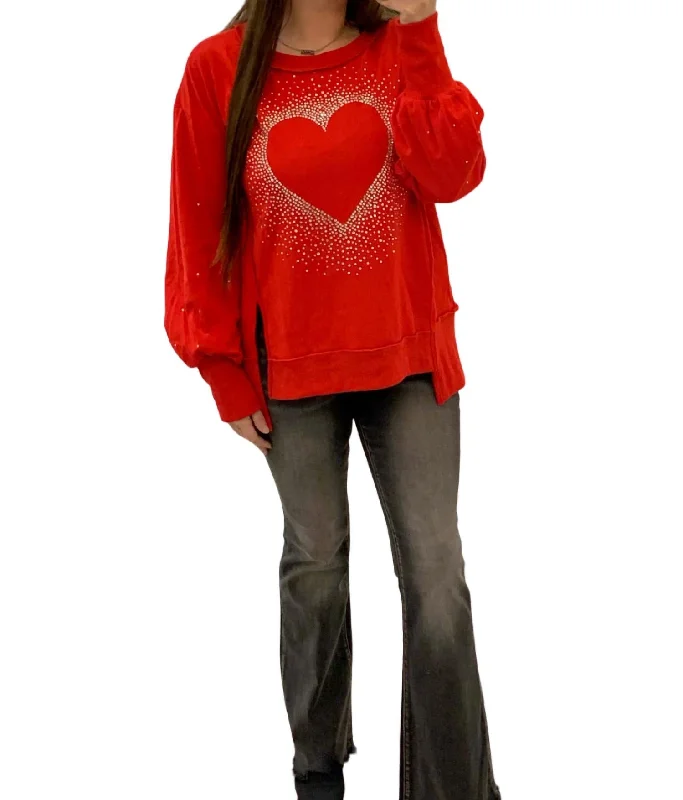 Affordable stylish women’s fashion collection   Rhinestone Heart Pullover In Red