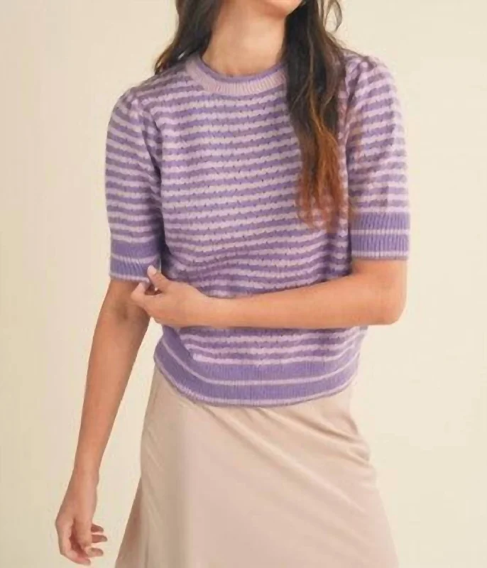 Bold and beautiful clothing for every woman   Striped Pointelle Puff Sleeve Sweater In Pink & Lavender