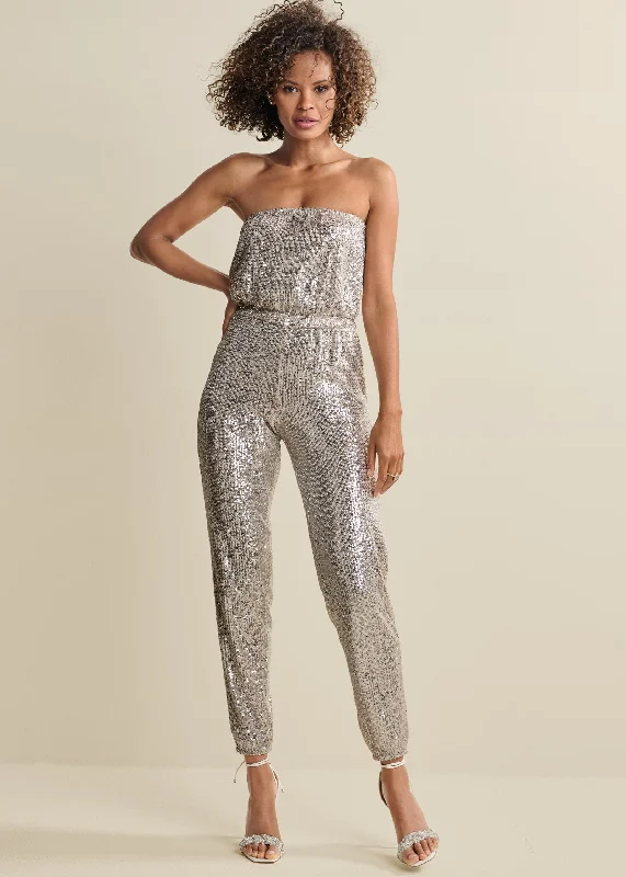 Sustainable fashion for stylish women   Strapless Sequin Jumpsuit - Champagne