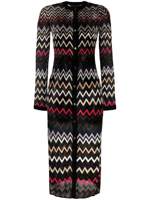 Multicolor Zig Zag Knit Metallic Cardigan Midi Dress