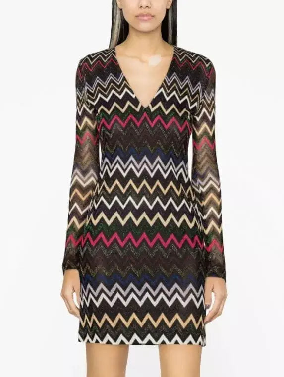 Multicolor Zig Zag Knit Metallic V-Neck Mini Dress