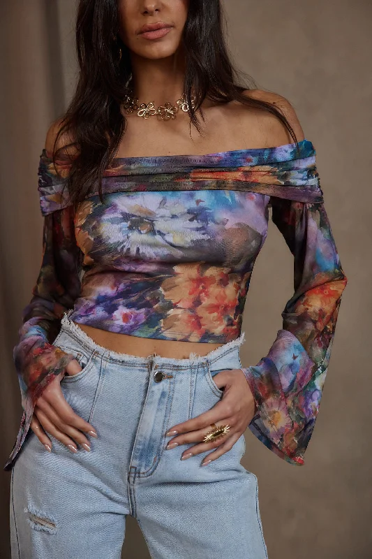 Amelia Floral Abstract Off the Shoulder Long Sleeve Top