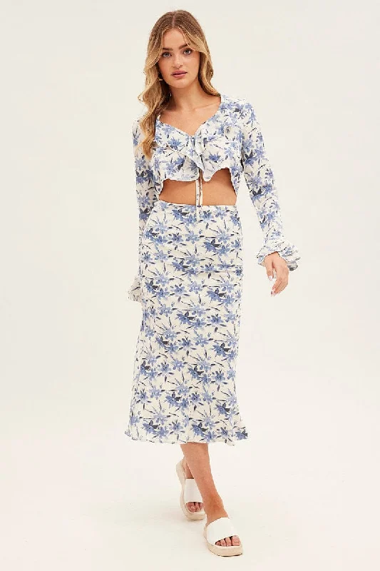 Statement pieces for the confident woman   Blue Floral Midi Skirt Slip Floral Print