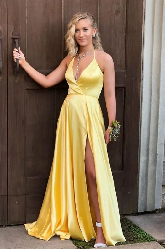 Stylish clothing designed to flatter every woman   Sexy Halter Yellow Long Prom Dress    cg15406