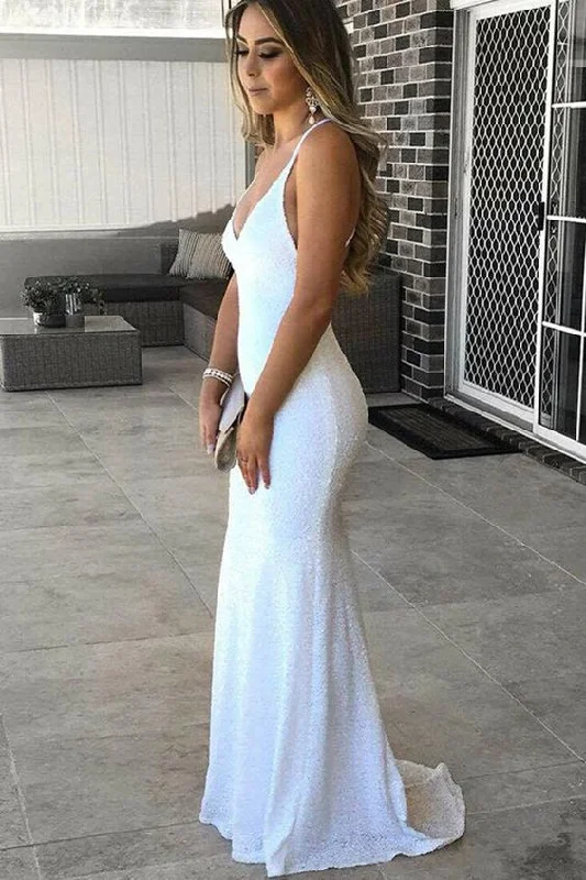 Fashion pieces that complement every woman’s style   White Sequin Deep V Neck Backless Long Mermaid Prom Dresses Formal Evening Party Dress    cg15400