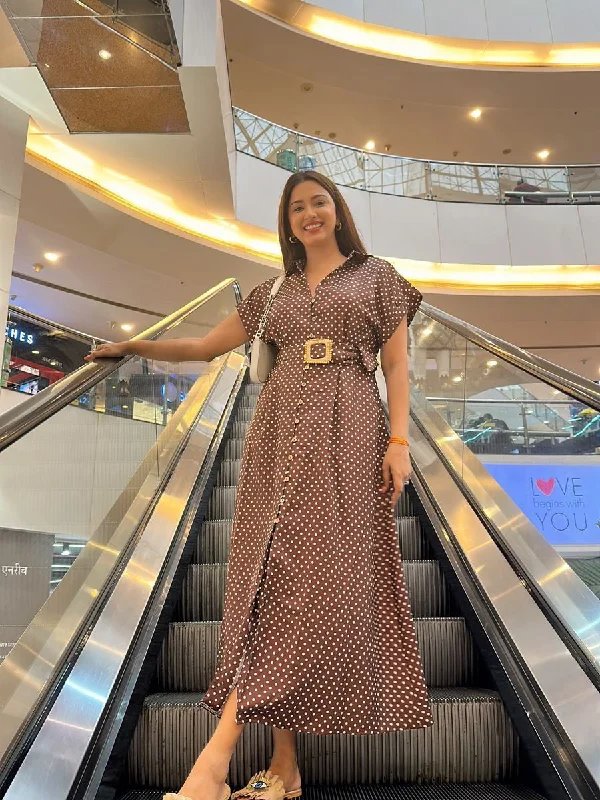 Discover the latest trends in women’s fashion   Polka Dot Dress with Belt - Brown