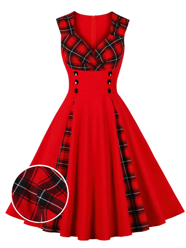 Sleek and sophisticated fashion for modern women   Red & Black 1950s Plaid V-Neck Dress