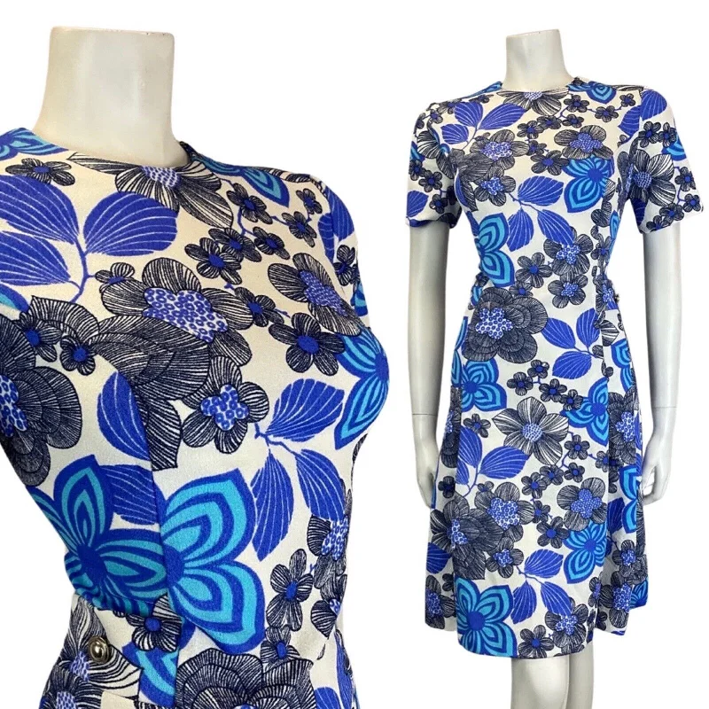 Dress to impress with elegant women’s wear   VINTAGE 60s 70s BLUE BLACK WHITE PSYCHEDELIC FLORAL SHORT SLEEVE MOD DRESS 12